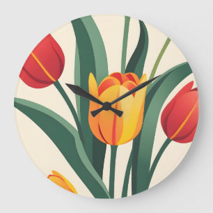 Relógio Grande Ilustração de Tulipas Negrito