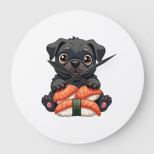 Relógio Grande Ilustração Vetorial de Sushi de Pug Preto Fofo Vin