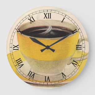 Relógio Grande Ilustração Vintage Café em uma Xícara Amarela