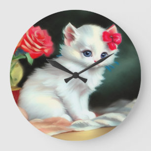 Relógio Grande Ilustração Vintage White Kitten com Flores Vermelh