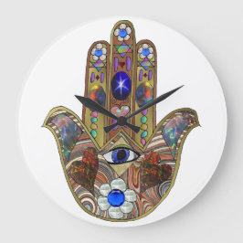 Relógio Grande Impressão de Arte Opala Hamsa Judaica Corações Flo