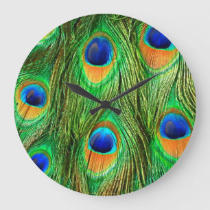 Relógio Grande Impressão de Penas de Pavão Coloridas