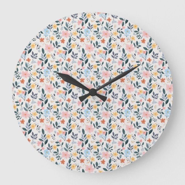 Relógio Grande Impressão Floral Rosa Azul Macio Ditsy (Frente)