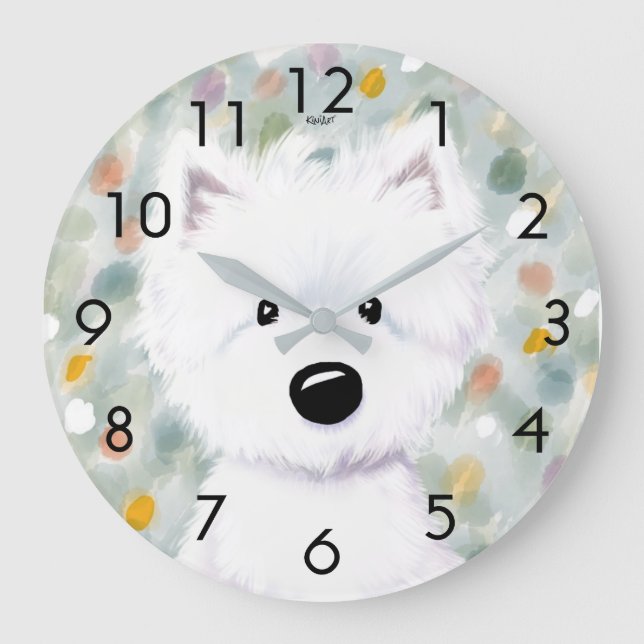 Relógio Grande Impressões de KiniArt Fluffy Westie (Frente)