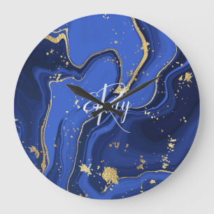 Relógio Grande Indigo Blue Agate Marble Abstrato Nome Monograma