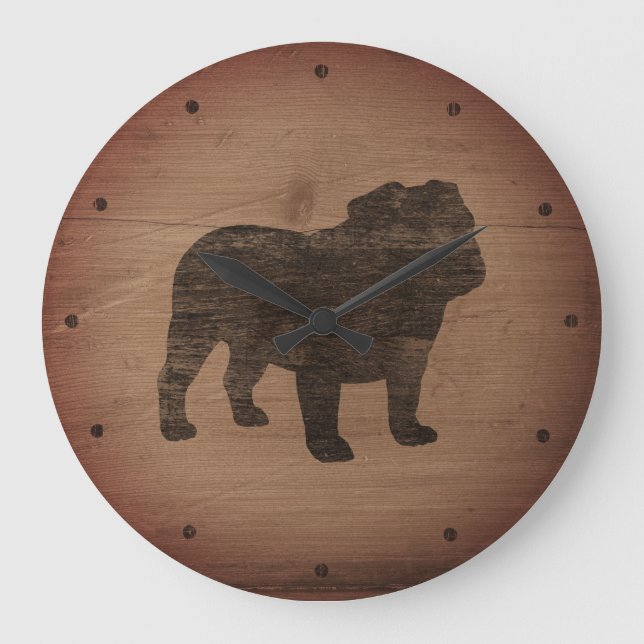 Relógio Grande Inglês Bulldog Silhouette Faux Weathered Wood (Frente)