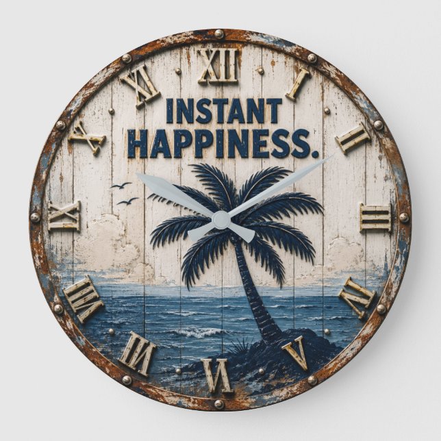 Relógio Grande Instant Happiness Coastal  Beach House Palm Tree  (Frente)