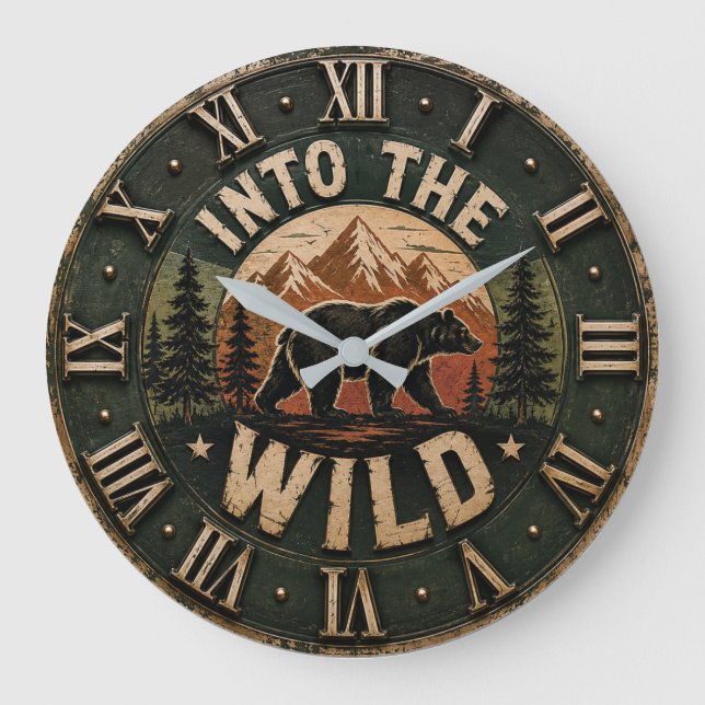 Relógio Grande Into the Wild Bear Rustic Cabin Mountain Decor (Frente)