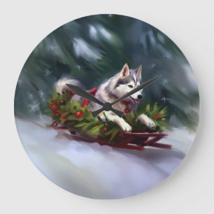 Relógio Grande Inverno de neve de Natal Siberian Husky