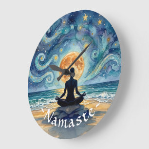Relógio Grande Ioga Meditação Céu Noturno Estrelado Lua Praia Oce