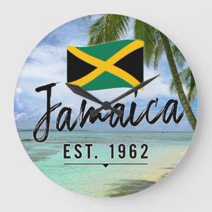 Relógio Grande "Jamaica Est. 1962" Beach With Jamaica Flag Art