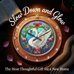 Relógio Grande Jardim de Cisnes Majestosos Vidro Pintado
