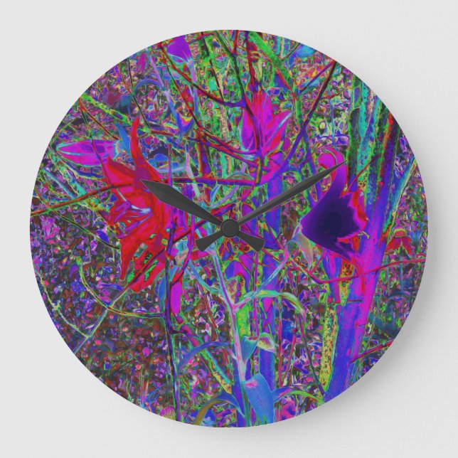 Relógio Grande Jardim de Lírios Cores de Arco-Íris Abstrato Psico (Frente)