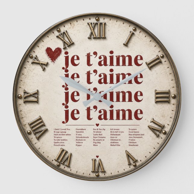Relógio Grande Je T’aime in Many Languages Romantic (Frente)