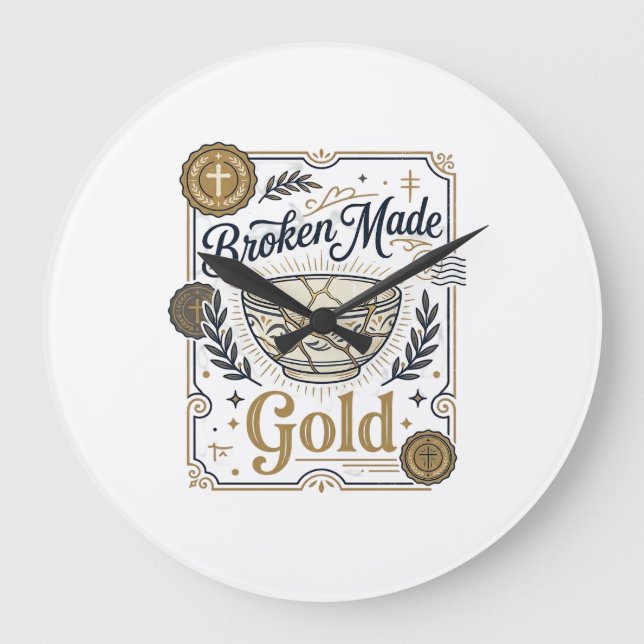 Relógio Grande Jesus Kintsugi Ouro Feito Quebrado Cerâmica Quebra (Frente)