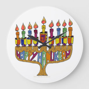 Relógio Grande Judaica Happy Hanukkah Dreidel Menorah