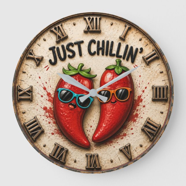 Relógio Grande Just Chillin' Funny Chili Pepper Kitchen Humor  (Frente)