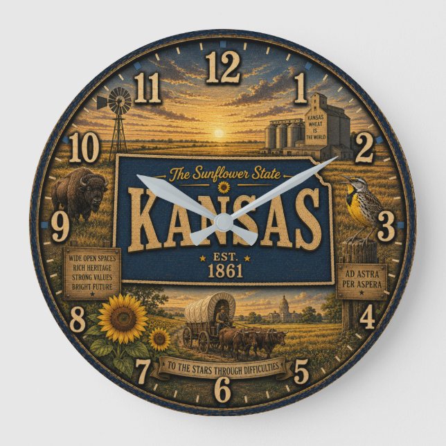 Relógio Grande Kansas State Sunflower State Rustic Farmhouse  (Frente)