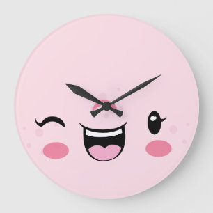 Relógio Grande Kawaii Face Wall Clock Rosa Winking