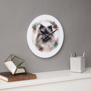 Relógio Grande Keeshond Christmas Wreath Festivo Pup