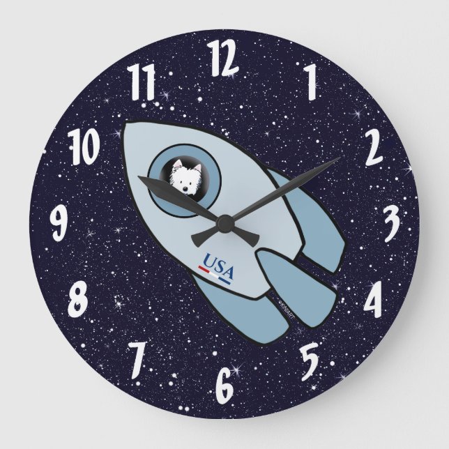 Relógio Grande KiniArt Space Rocket Dog Westie (Frente)