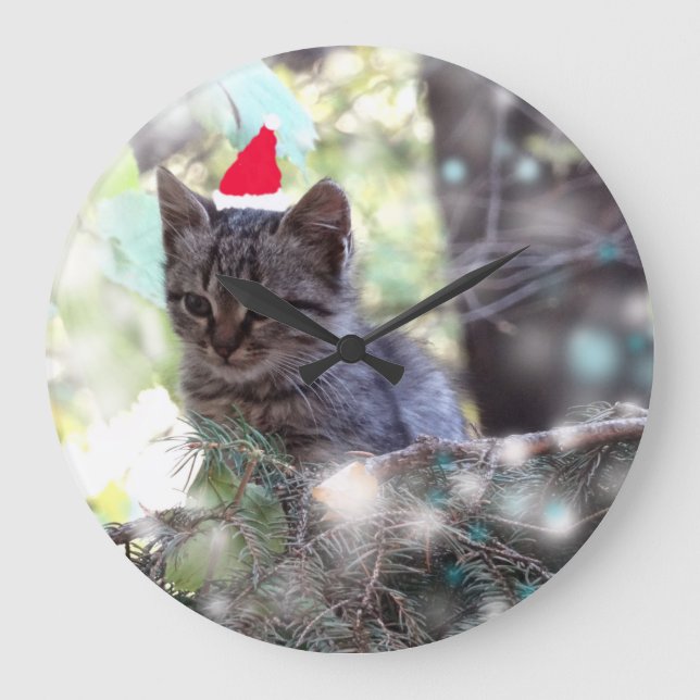 Relógio Grande Kitten Christmas time Round (Large) Wall Clock (Frente)