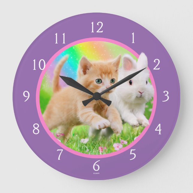 Relógio Grande Kitten e Bunny com arco-íris (Frente)