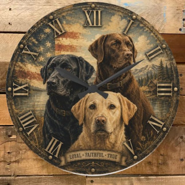 Relógio Grande  Labrador Retriever Rustic American Flag  (Criador carregado)
