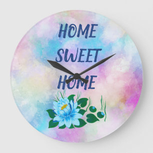 Relógio Grande Lar doce lar bela flor azul aquarela