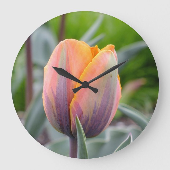 Relógio Grande Laranja com Chamas Roxas Tulipas Muro (Frente)