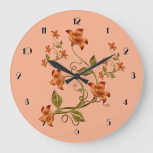 Relógio Grande Laranja Lillies Floral Peach Wall Clock