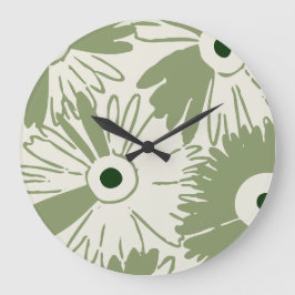 Relógio Grande Large Retro Daisy Flower Power Olive Green