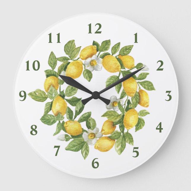 Relógio Grande Lemons Wreath Green Yellow Round Wall Clock (Frente)