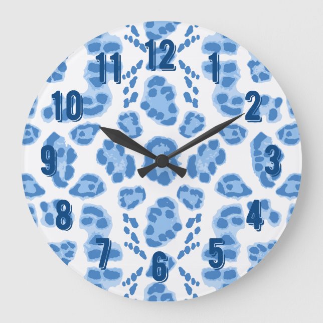 Relógio Grande Leopard Ikat in Blue Porcelain (Frente)