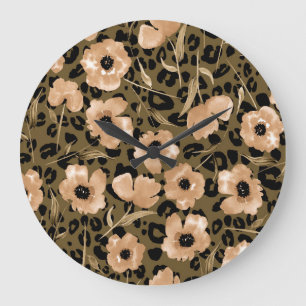 Relógio Grande Leopardo Floral de Aquarela: Padrão Sem Fim