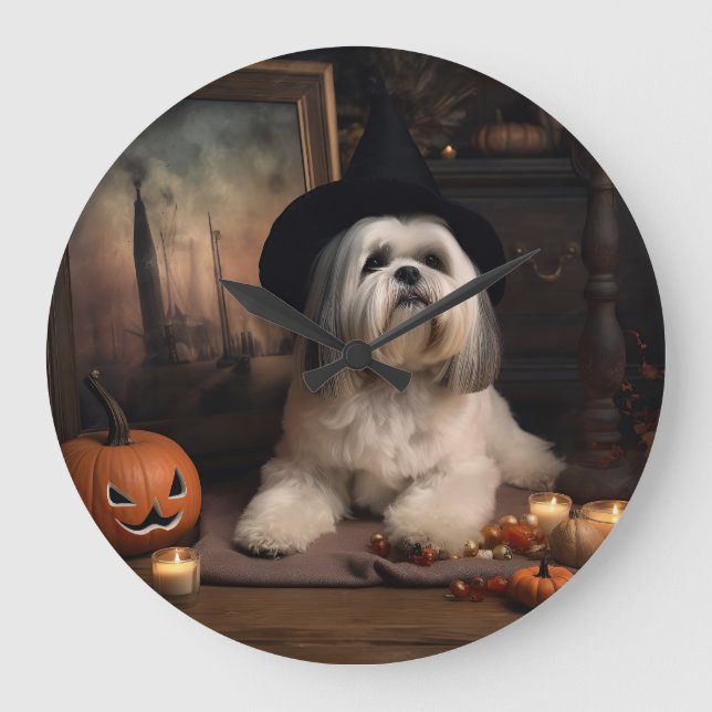 Relógio Grande Lhasa Apso Abóboras Dia das Bruxas Assustador (Frente)