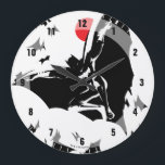 Relógio Grande Liga da Justiça| Batman na Nuvem de Bats Pop Art<br><div class="desc">Veja este estilo noir da arte em quadrinhos do Batman da Liga da Justiça saltando pelo ar entre uma nuvem de morcegos. Esta arte de pop preto e branco é compensada por uma lua vermelha brilhante no céu.</div>