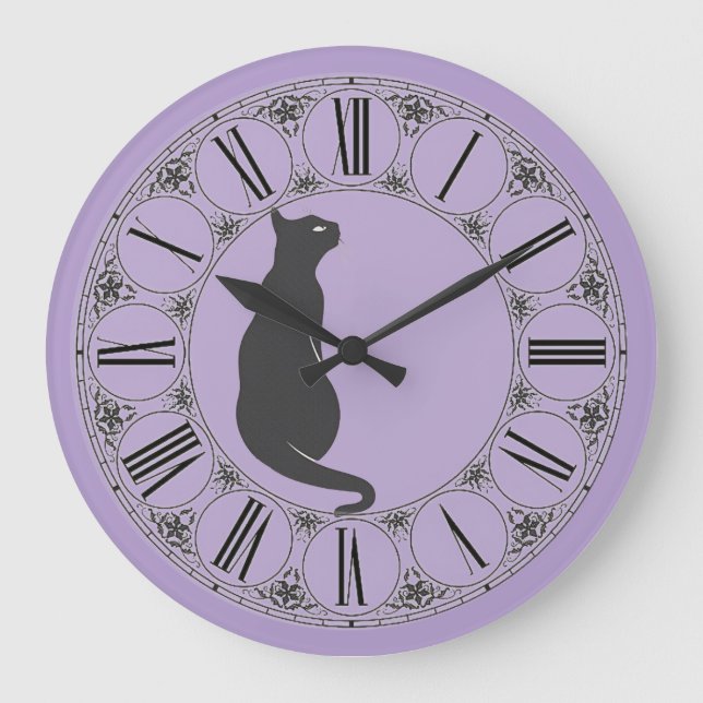 Relógio Grande Lilac com Gato Preto e Rosto Numérico Romano (Frente)