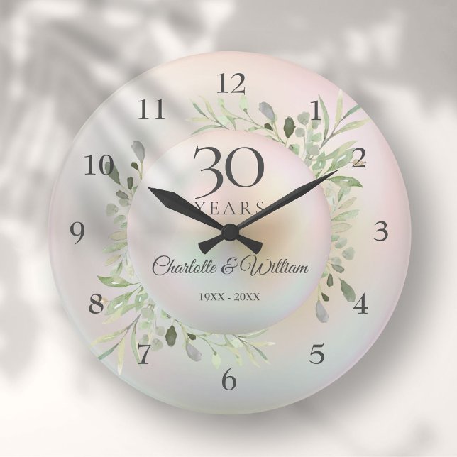 Relógio Grande Linda 30 de Pérola Greenery (Beautiful Pearl 30th Anniversary Greenery Large Clock)