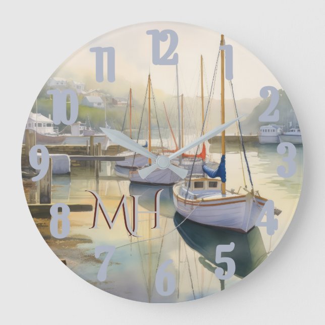Relógio Grande Linda Aquarela Monograma de Navegação Náutica (Frente)