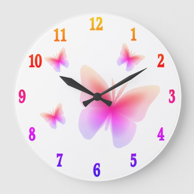 Relógio Grande Linda Impressão de Borboleta Rosa em Rosa (Frente)