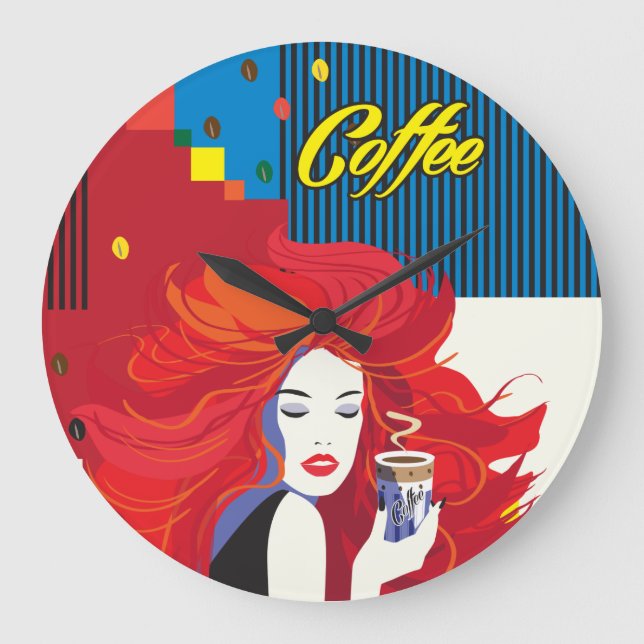 Relógio Grande "Linda moça com copa de café" Pop Art (Frente)