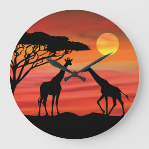 Relógio Grande Lindas Girafas no Sol de Serengeti