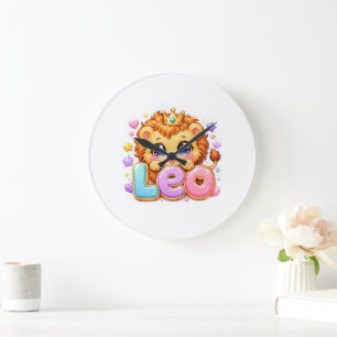Relógio Grande Lindo Kawaii Leo Leão Nome Pastel Rosa Coroa Brilh