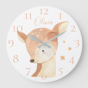 Relógio Grande Lindo Nome Personalizado de Cervo Bebê em Aquarela