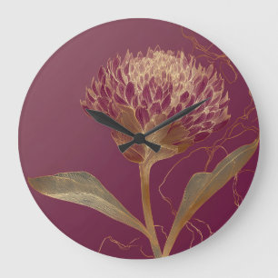 Relógio Grande Linhas Florais Botânicas em Dourado Vermelho Inten