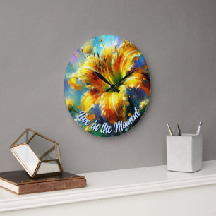 Relógio Grande Lírio Hemerocallis Flores Amarelo Azul Personaliza