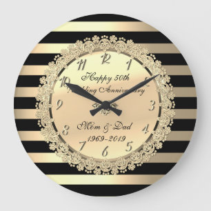 Relógio Grande Listras Douradas,Flores 50º Aniversário de Casamen