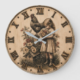 Relógio Grande Little Farm Girl & Rooster Rustic Farmhouse 