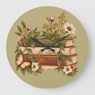 Relógio Grande Livros Botânicos Antigos & Flores Silvestres Verde
